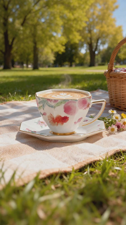 Fortune Goldfish & Peach Ceramic Coffee Cup & Saucer